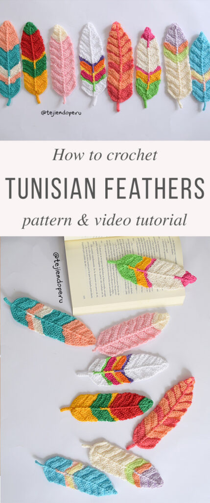 A collection of colorful crochet feather shapes is displayed, some arranged on a flat surface and others placed on an open book, with the text How to crochet TUNISIAN FEATHERS pattern & video tutorial.