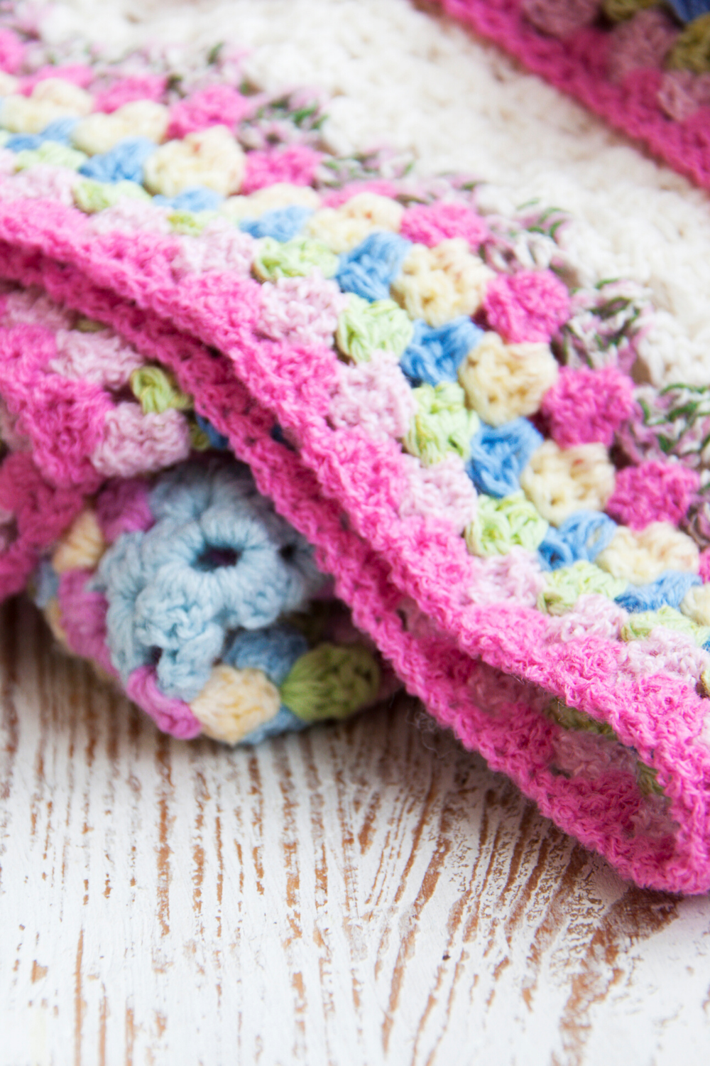pink navy. Crochet Border Baby Blanket white