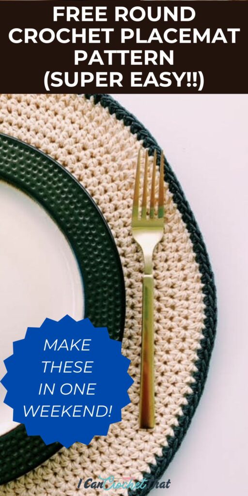 A beige and dark green crochet placemat under a green-rimmed plate with a gold fork; text highlights a free, easy crochet placemat pattern perfect for beginners.