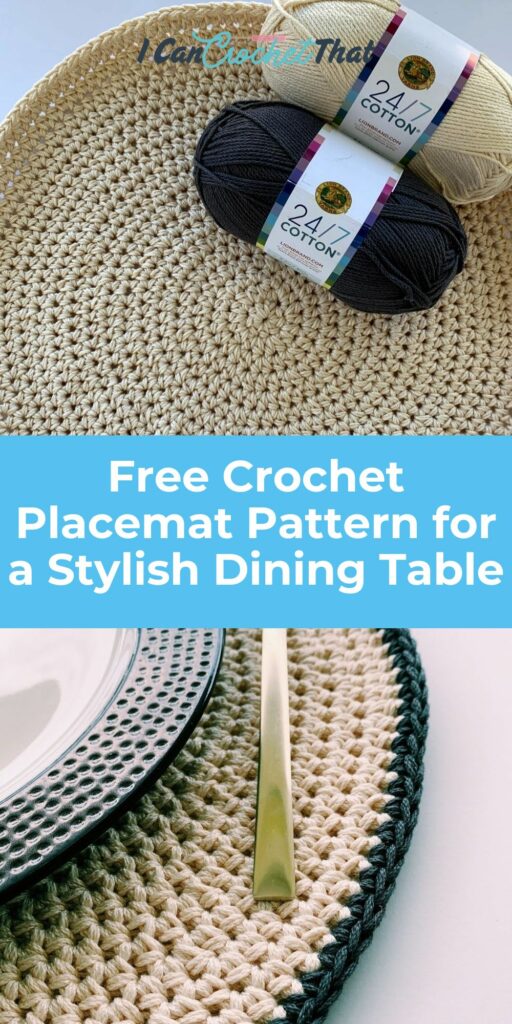 Two skeins of yarn rest on a crocheted placemat made using an easy crochet placemat pattern, with a plate and gold-colored utensil arranged on another matching mat nearby.