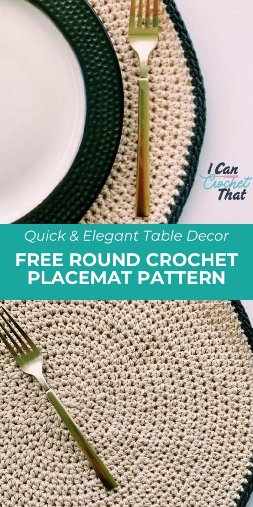 A round crochet placemat with a plate and fork on top, promoting a free and easy crochet placemat pattern for quick and elegant table decor.