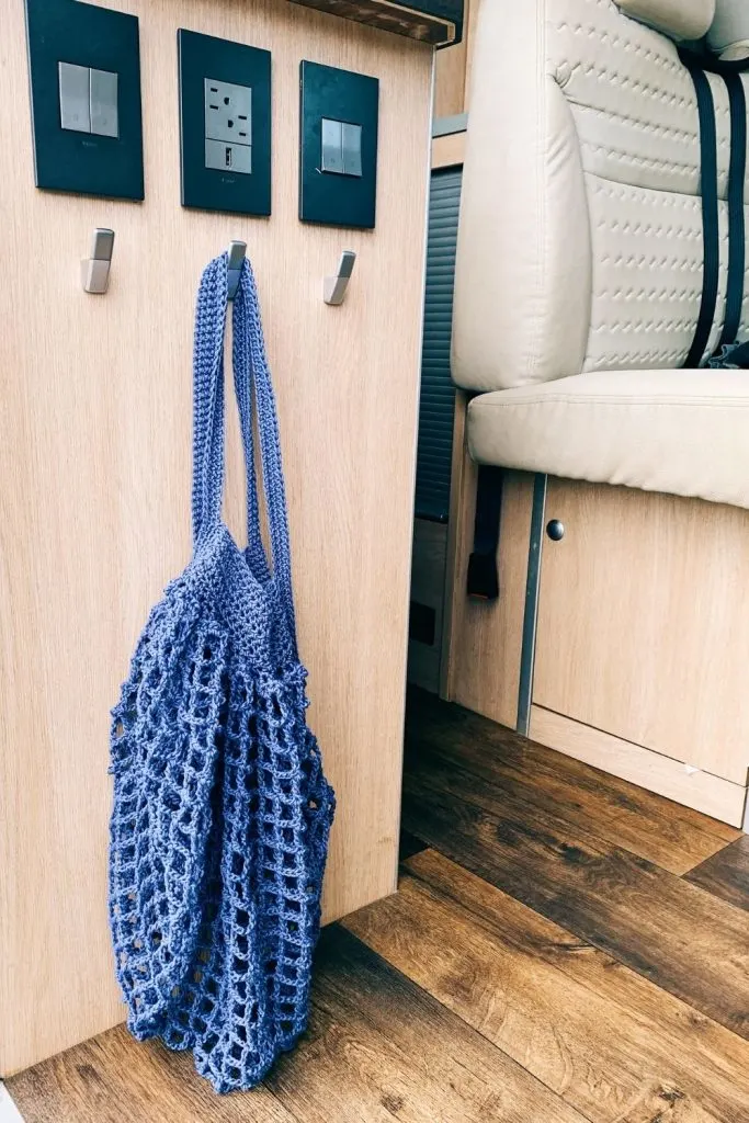 crochet market bag in camper van