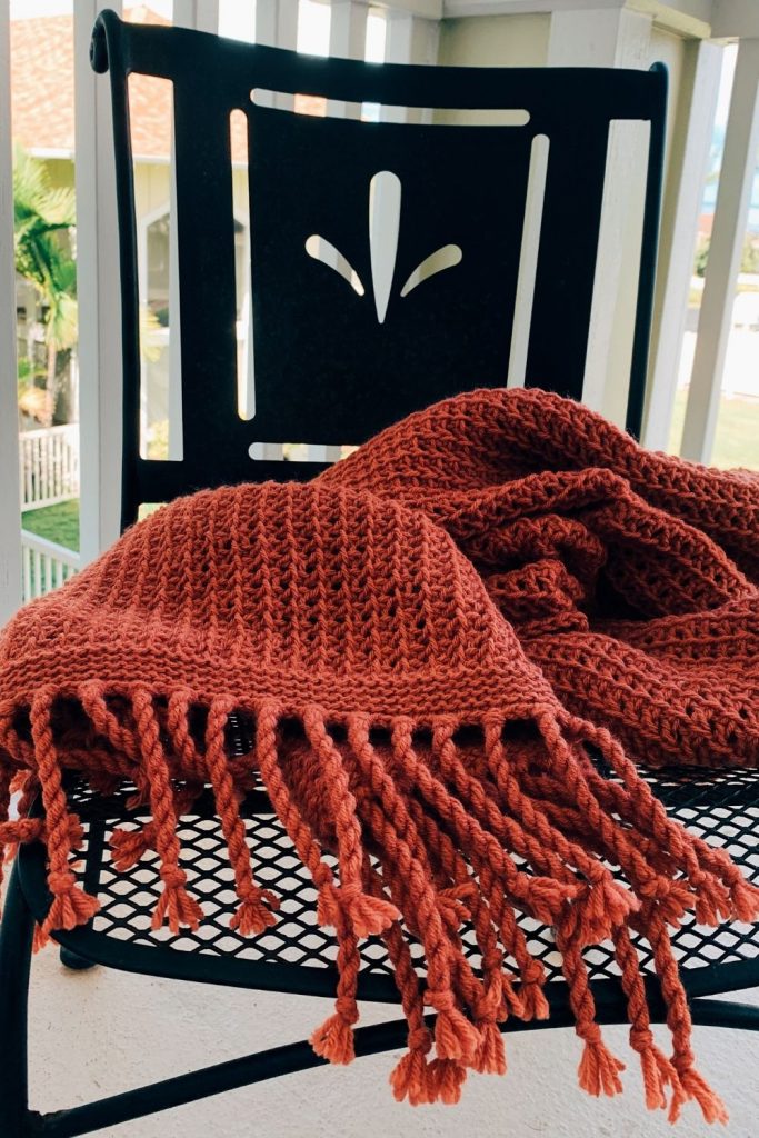 Tunisian crochet blanket in Terracotta