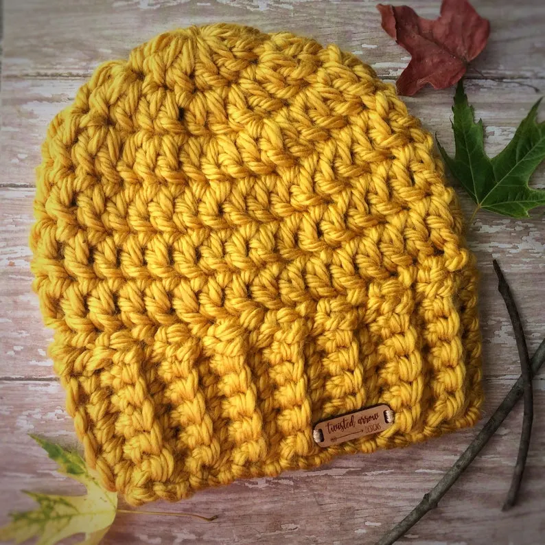 yellow crochet beanie