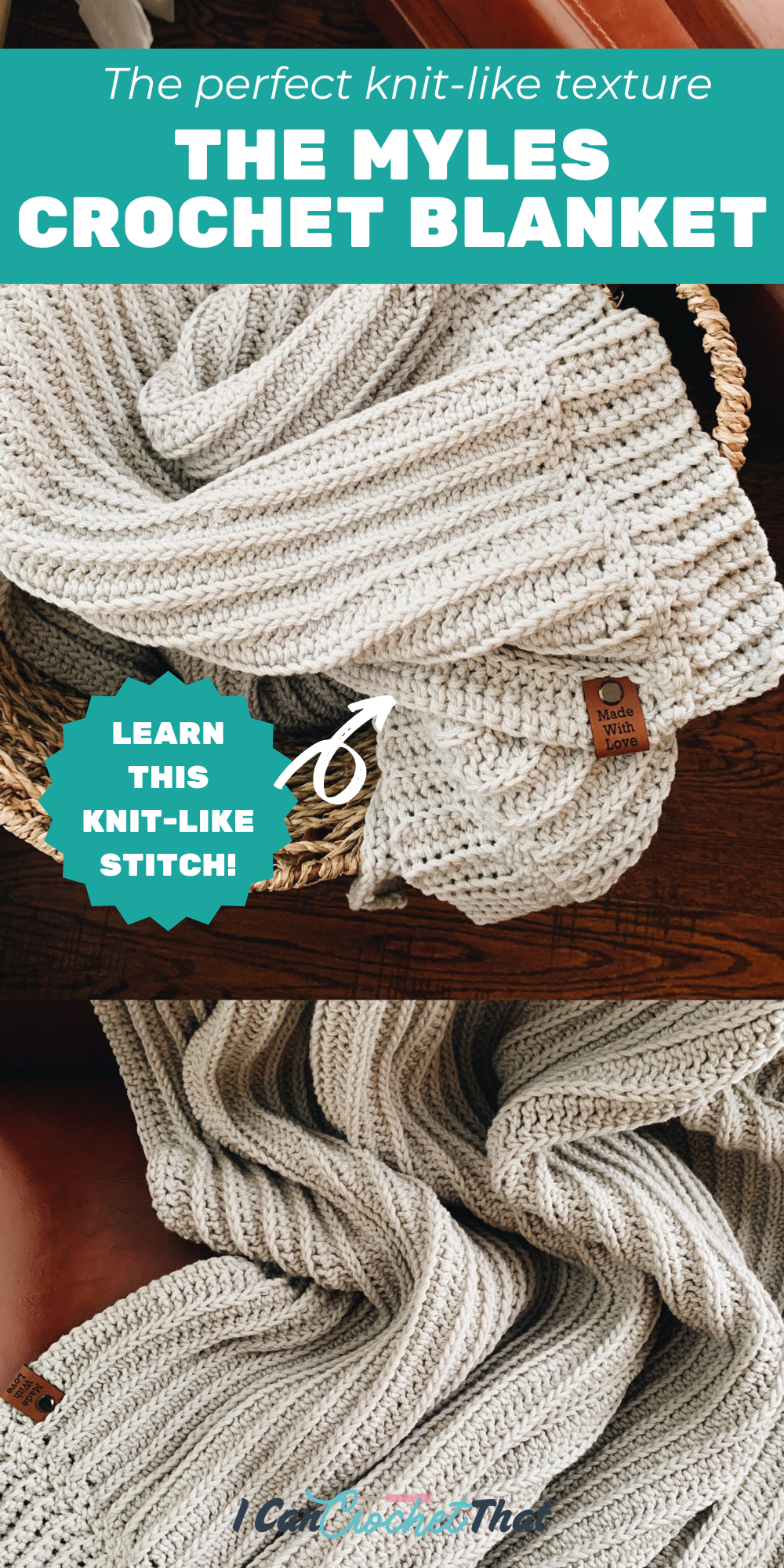 A chunky, textured knit like crochet blanket pattern in a woven basket, featuring a leather tag, is displayed on a wooden surface.