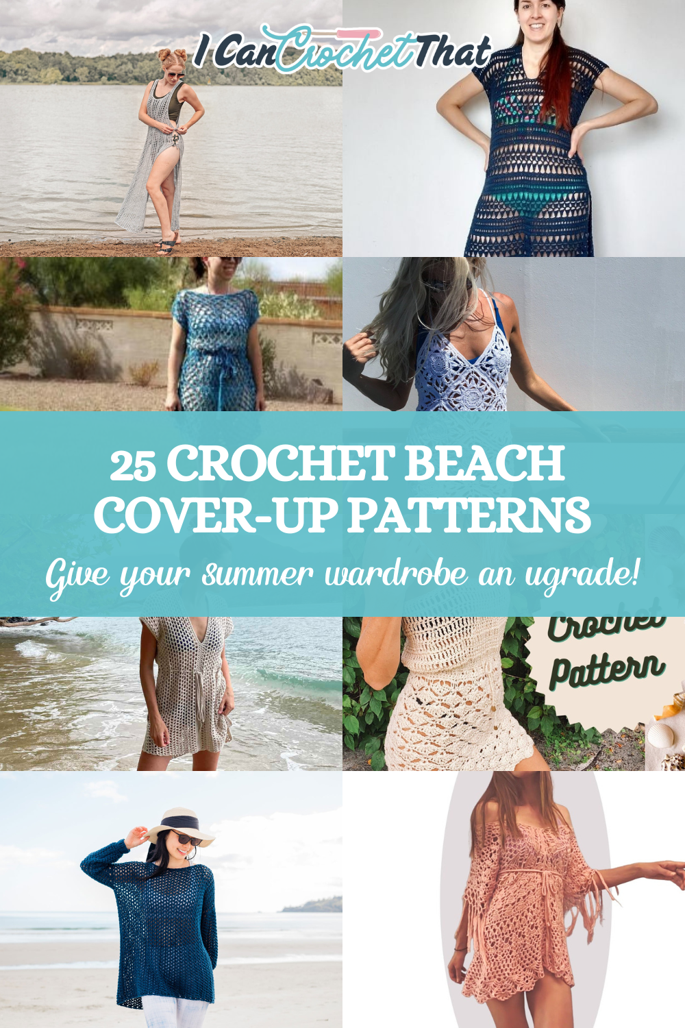Collage of various crochet beach cover-ups including dresses, tunics, and tops in different colors and styles.