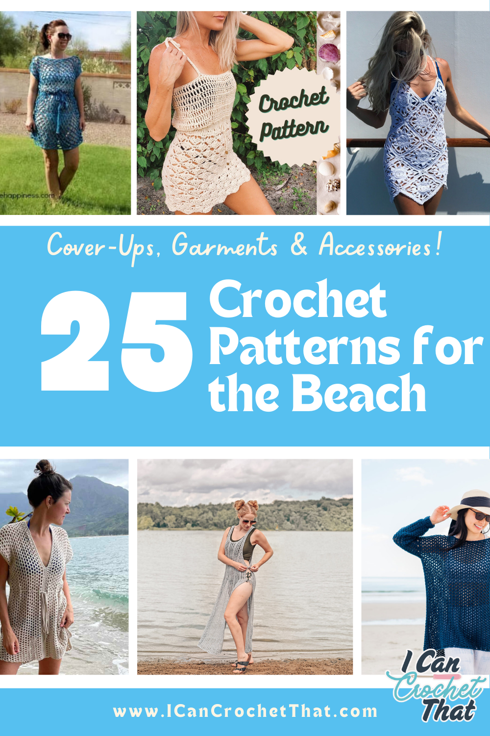 Models showcasing a crochet swimsuit cover-up with openwork design, ideal for beachwear.