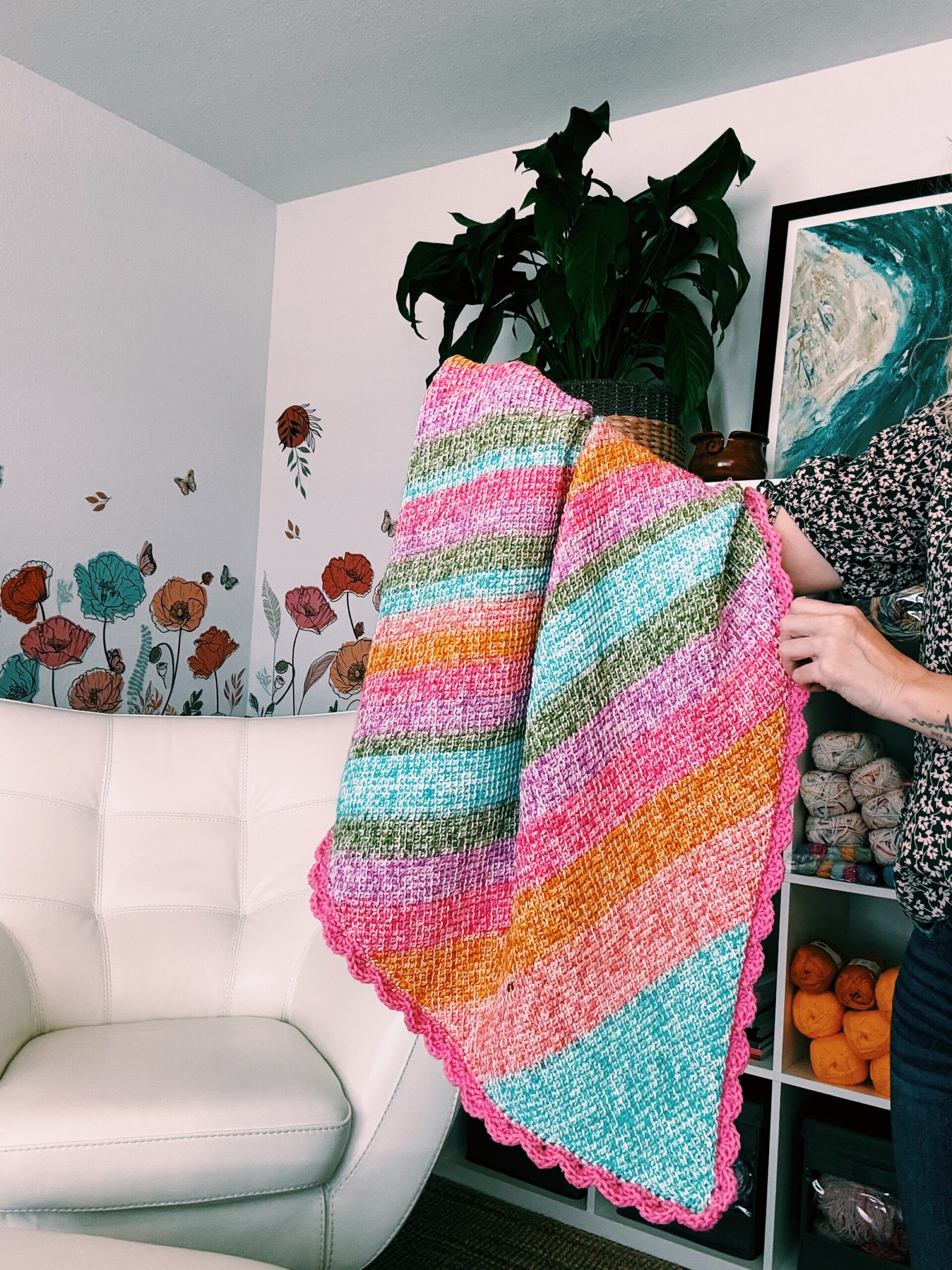 C2C Tunisian Crochet Blanket with Shell Border
