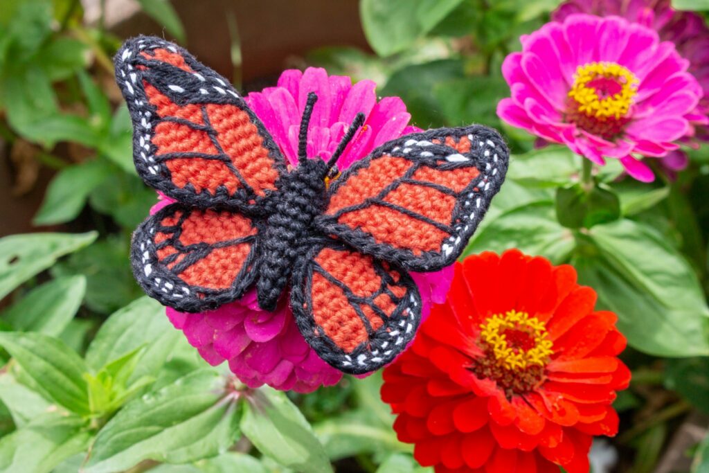 crochet butterfly applique arranged on a flower background