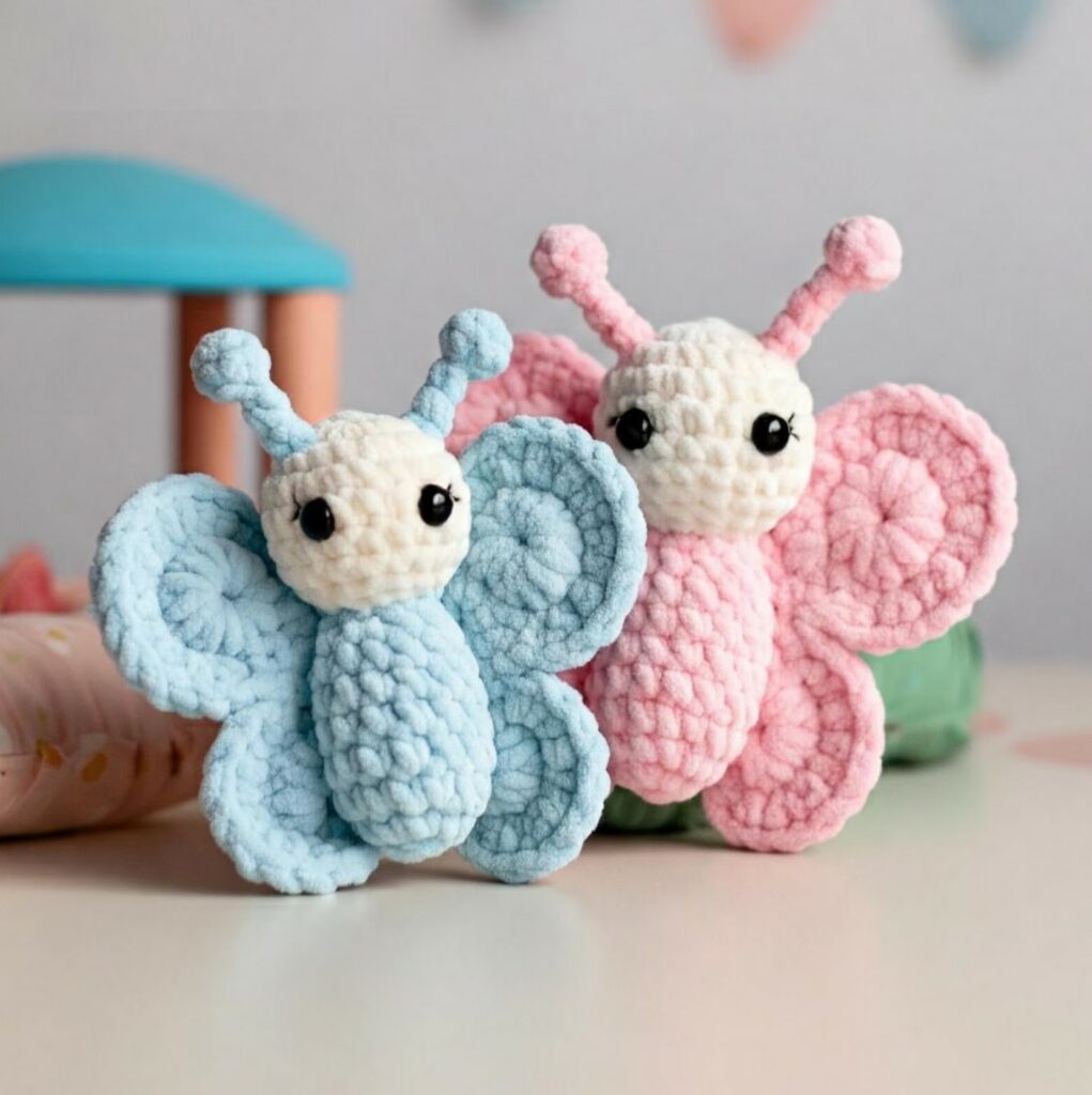 Soft, handmade butterfly amigurumi in pastel yarn colors.