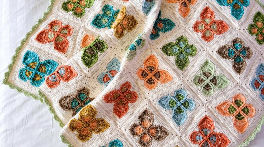 Crochet blanket featuring a repeating butterfly motif.