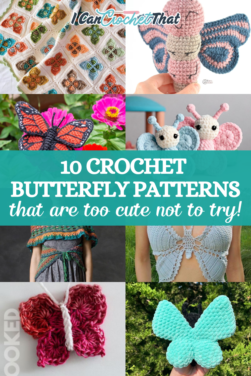 Collage of 10 unique crochet butterfly designs.