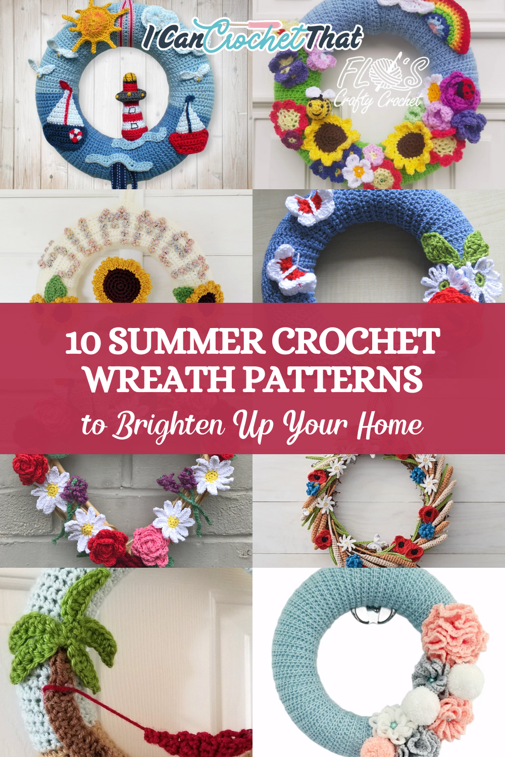 A collection of colorful crochet summer wreath patterns featuring flowers, leaves, and seasonal details, perfect for brightening your front door.