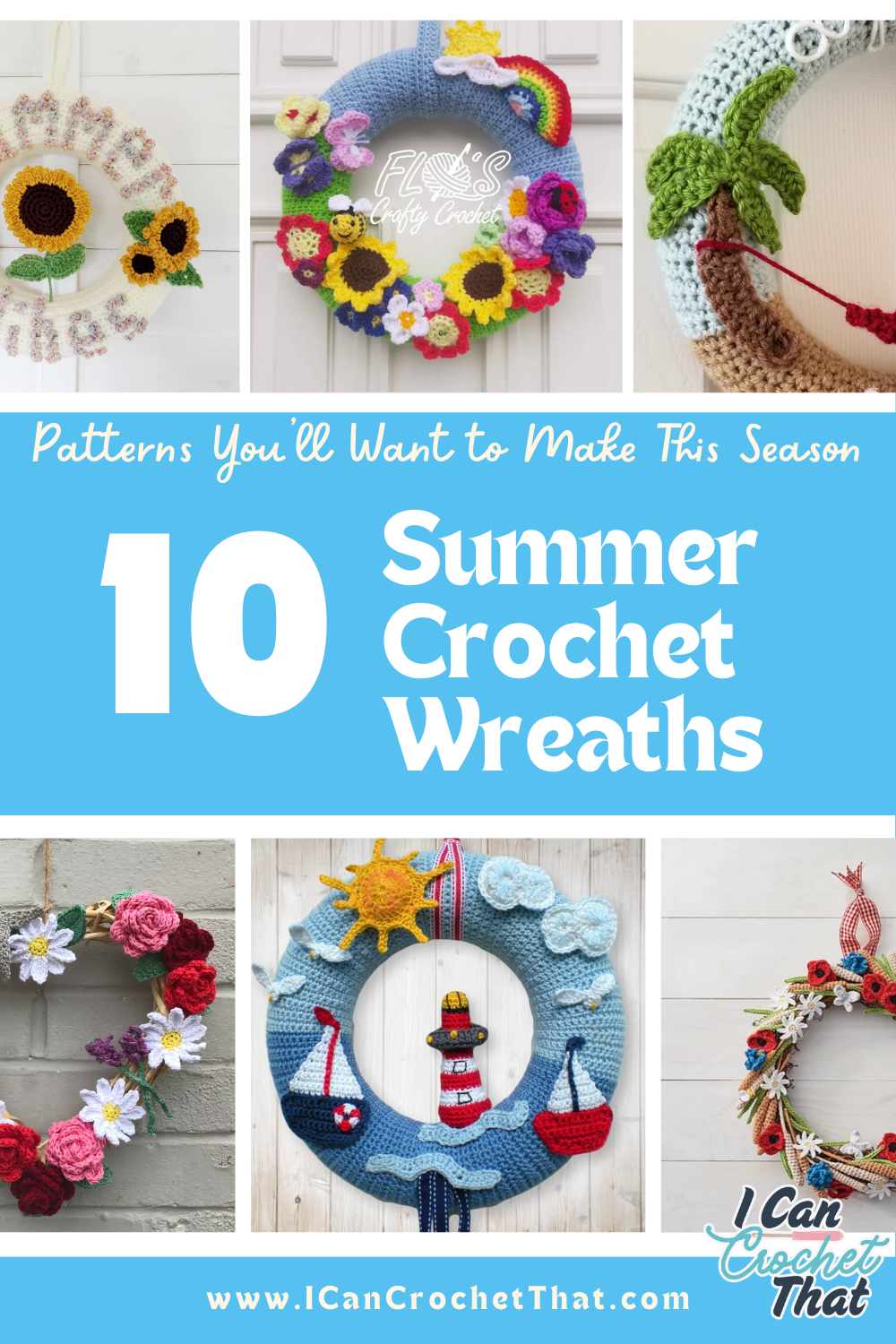 A collection of colorful crochet summer wreath patterns featuring flowers, leaves, and seasonal details, perfect for brightening your front door.
