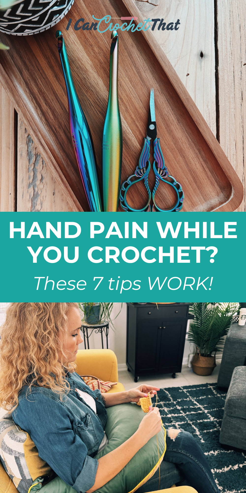 Image highlighting ways to avoid hand fatigue while crocheting, featuring tools and comfort tips for crocheters.