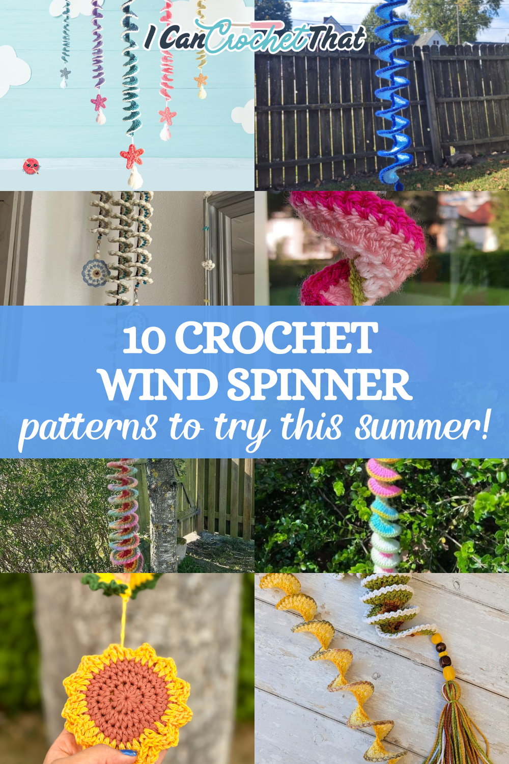 Colorful crochet wind spinners hanging outdoors, showing various spiral designs and textures.