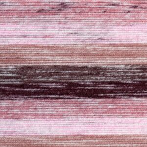 Close-up of a textile with horizontal stripes in various shades of pink, maroon, and brown, resembling a shell stitch crochet blanket pattern. The texture appears soft, with visible fibers and a slightly fuzzy surface.