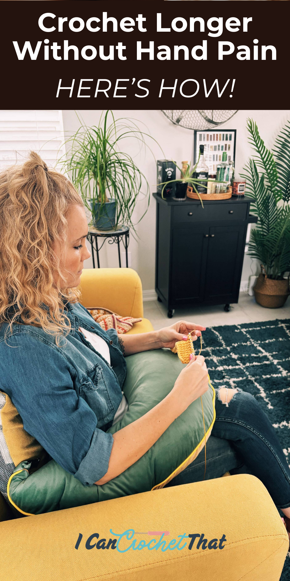 A list of 7 effective strategies to prevent hand pain from crocheting, featuring ergonomic hooks, lap pillows, and wrist braces.