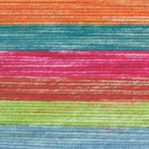 Close-up view of multiple rows of yarn in horizontal stripes of orange, turquoise, pink, green, and light blue colors. The texture highlights the Interlocking Shell Stitch used in the Felicity Blanket crochet pattern.