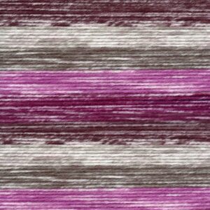 Close-up of yarn with horizontal stripes in shades of purple, pink, gray, and white. Perfect for a crochet pattern like the Felicity Blanket, the colors blend smoothly to create a soft, textured appearance.