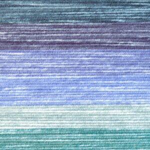 A close-up of horizontally aligned yarn or thread, arranged in wide stripes of blue, green, purple, and gray tones, showcases the textured gradient pattern of the Felicity Blanket using the interlocking shell stitch crochet pattern.