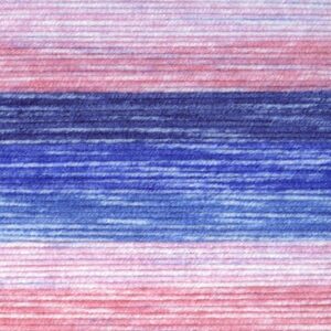 Close-up of variegated yarn with horizontal stripes in pink, light purple, and blue, highlighting the textured look of the Interlocking Shell Stitch. The color transitions create a vibrant pattern ideal for the Felicity Blanket crochet pattern.