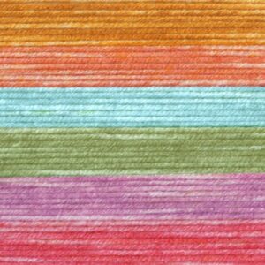 Close-up of yarn wound in horizontal layers, featuring distinct bands of color including orange, red, light blue, green, and purple. The texture and fibers are clearly visible in this Felicity Blanket crafted with the Interlocking Shell Stitch crochet pattern.