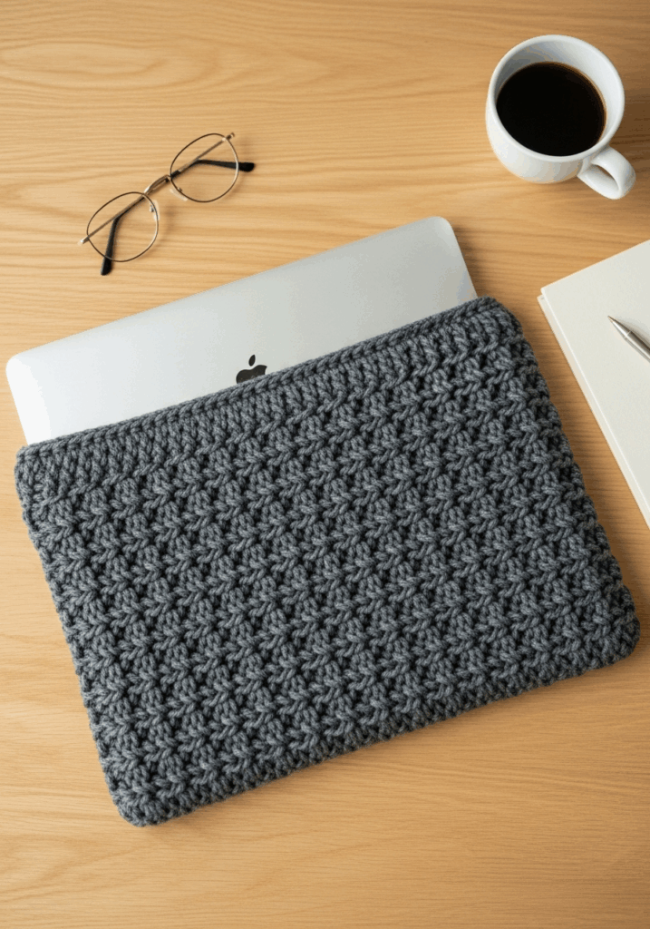 A gray crocheted laptop sleeve partially covers a closed MacBook on a wooden desk—perfect inspiration for Back-to-School Crochet or September Cozy crochet project ideas, with eyeglasses, coffee, and an open notebook setting the scene.