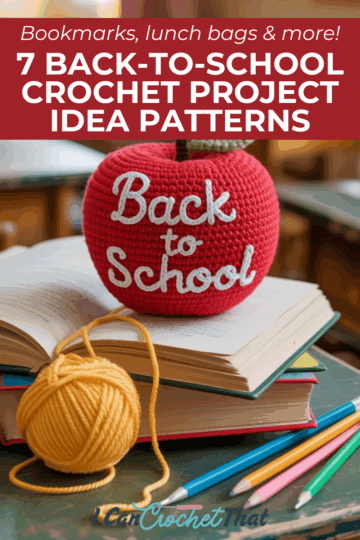 A cozy crocheted red apple with “Back to School” stitched on it sits atop a stack of books, next to a yellow yarn ball and colored pencils—perfect inspiration for your next crochet project ideas.
