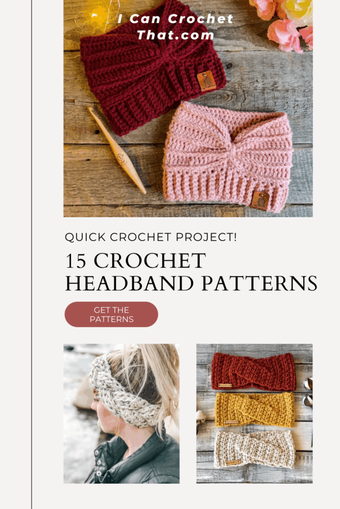 A collage showing various crocheted headbands in different colors, a crochet hook, and text promoting 15 cozy crochet headband patterns—perfect crochet project ideas for back-to-school season.