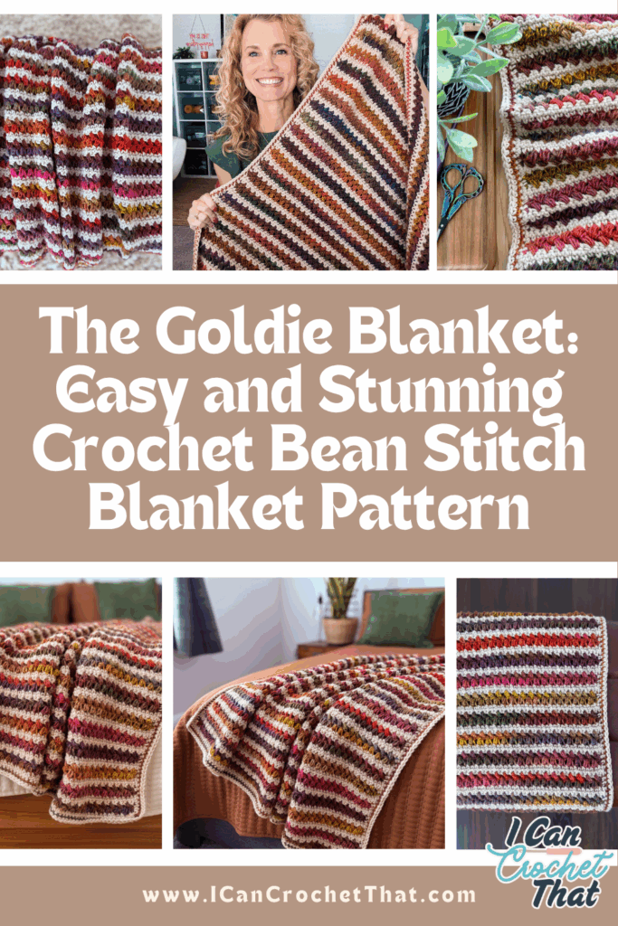 A collage of an easy crochet bean stitch blanket showcases its cozy texture and stylish design.