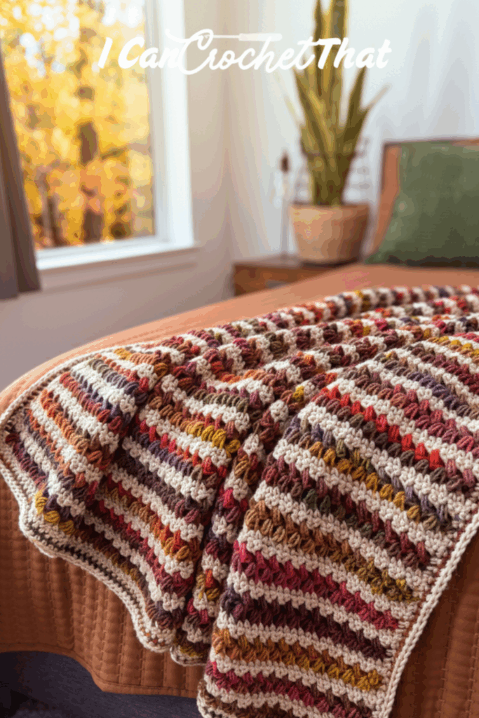 An easy crochet bean stitch blanket with autumn stripes is draped over a brown bedspread in a sunlit bedroom, featuring a window and a potted plant.