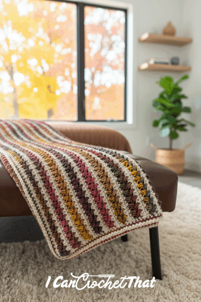 A striped, multicolored easy crochet bean stitch blanket is draped over a brown couch in a bright living room with a large window and indoor plant. "I Can Crochet That" text is visible at the bottom.