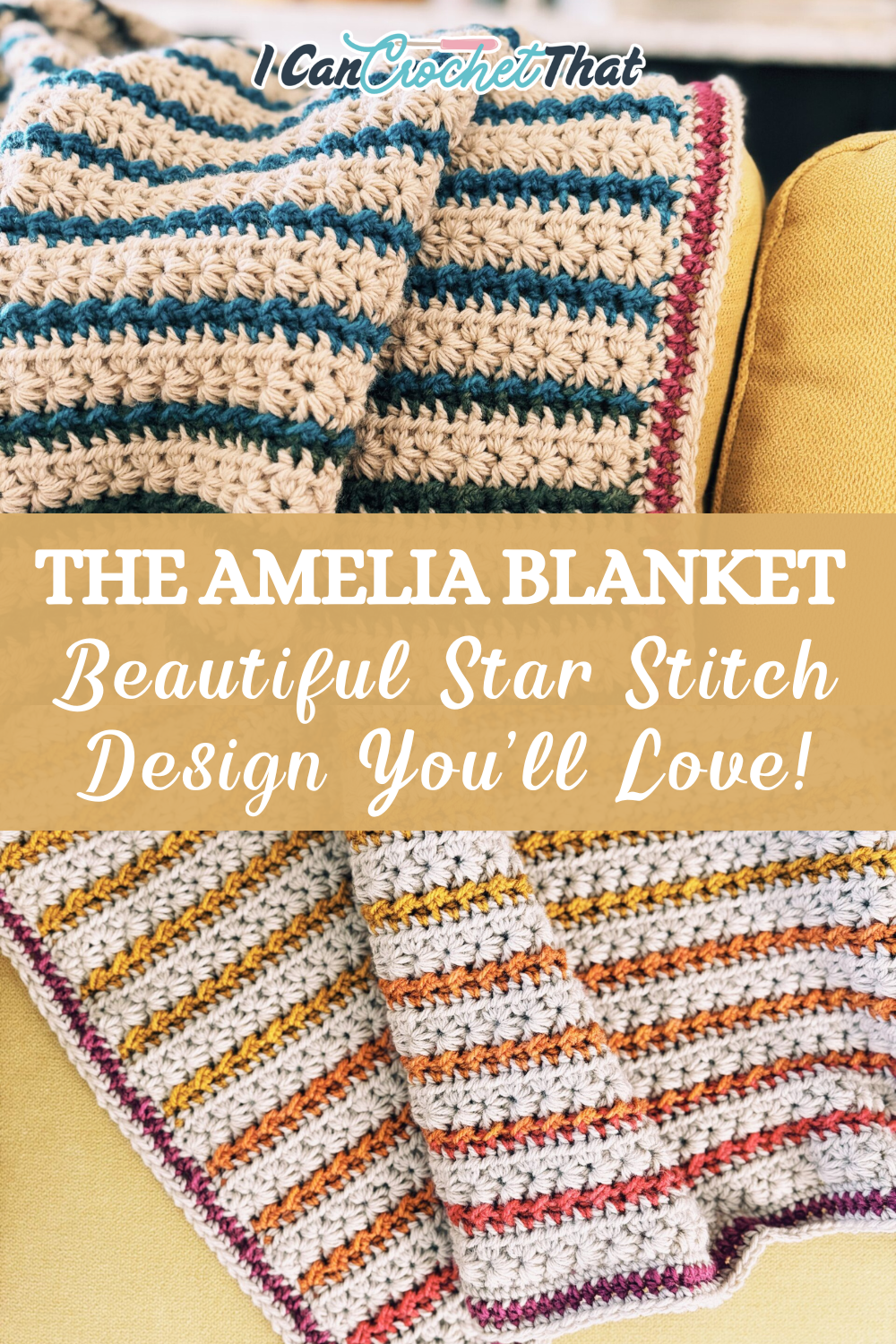 Close-up of a handmade crochet blanket with star stitch rows in soft neutral and warm colors.