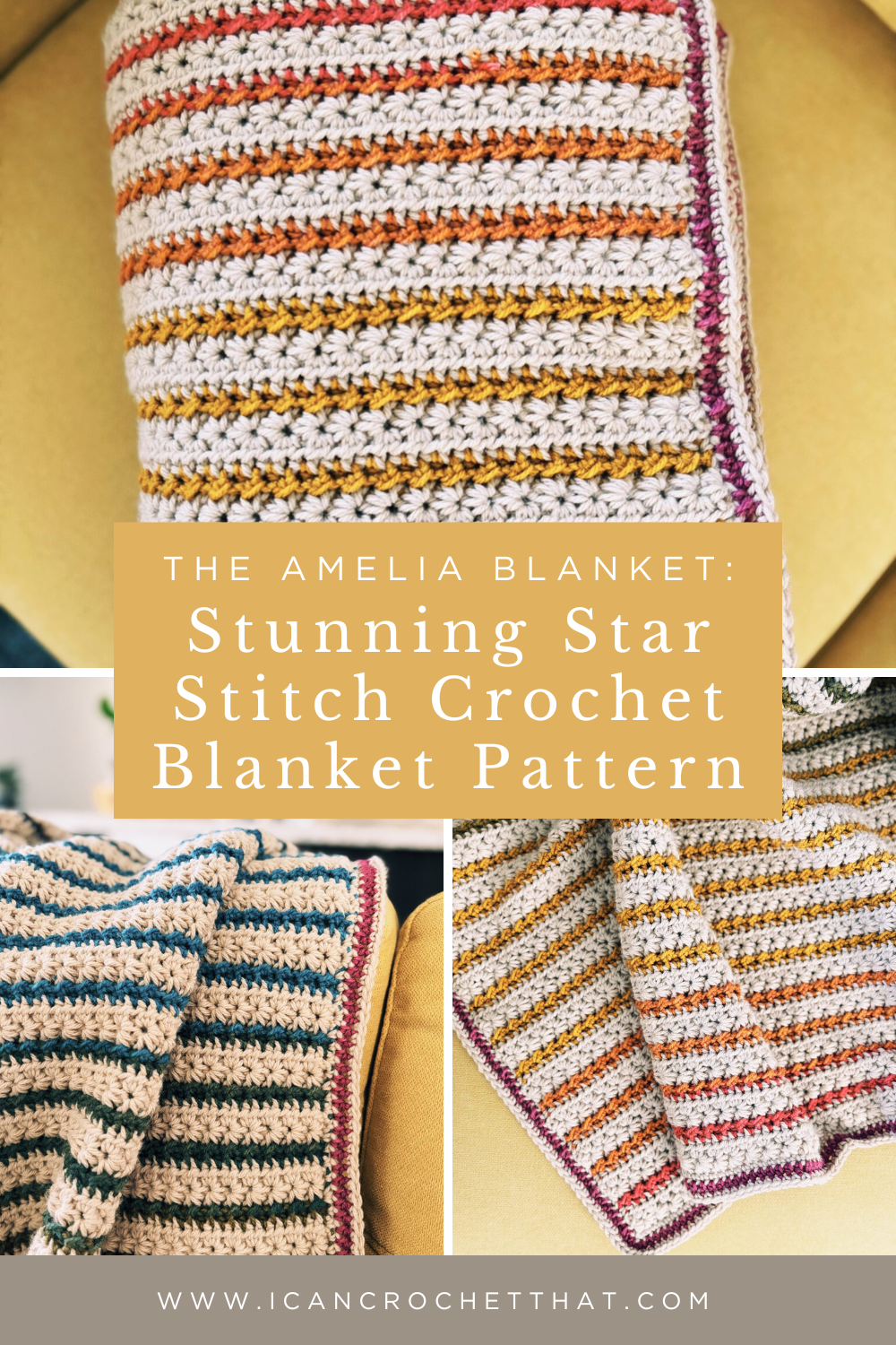 Folded crochet blanket with colorful stripes and star stitch texture displayed on a couch.