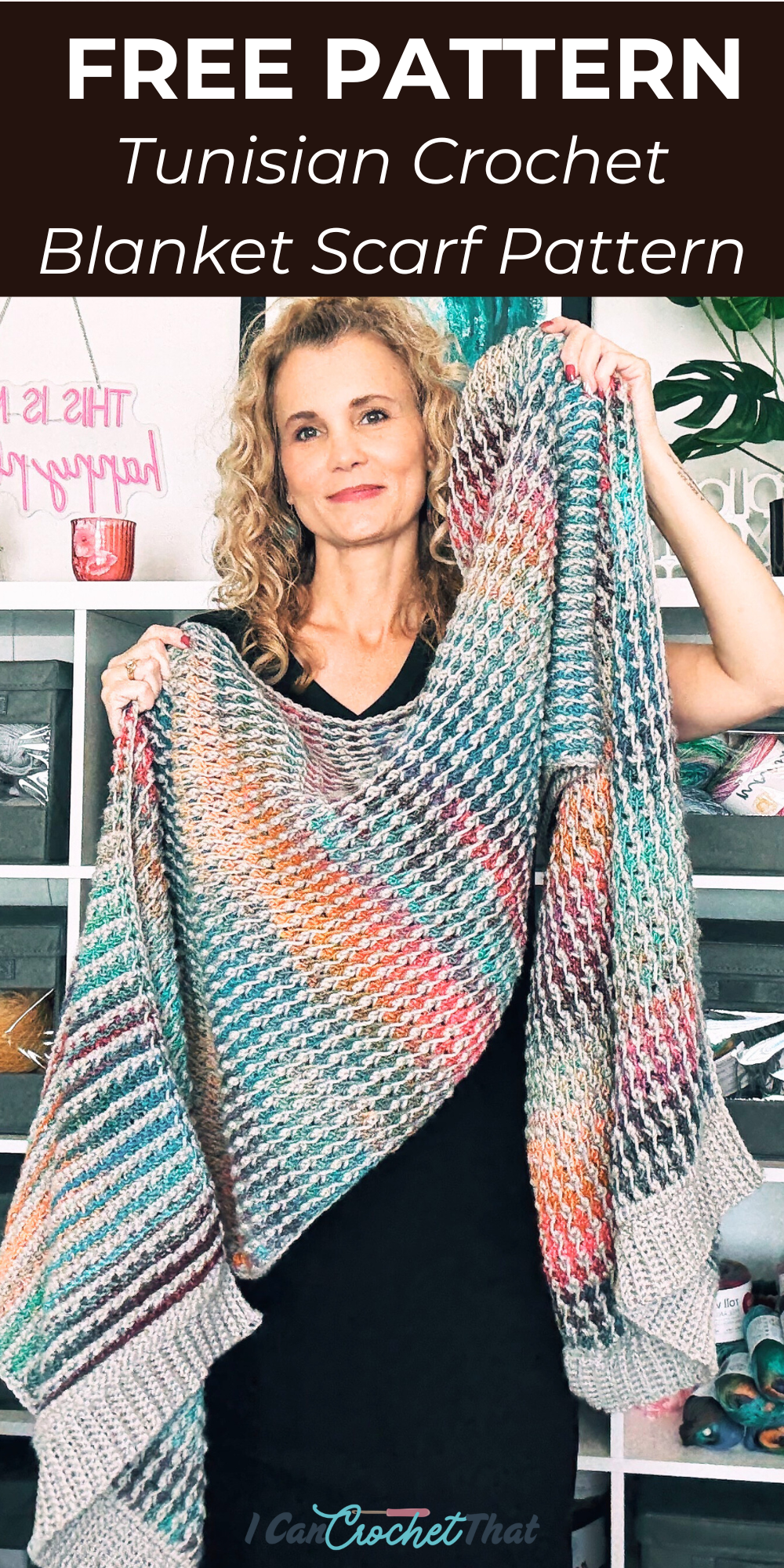 Hands demonstrating the Tunisian field stitch on a crochet blanket scarf in light gray and self-striping yarn.