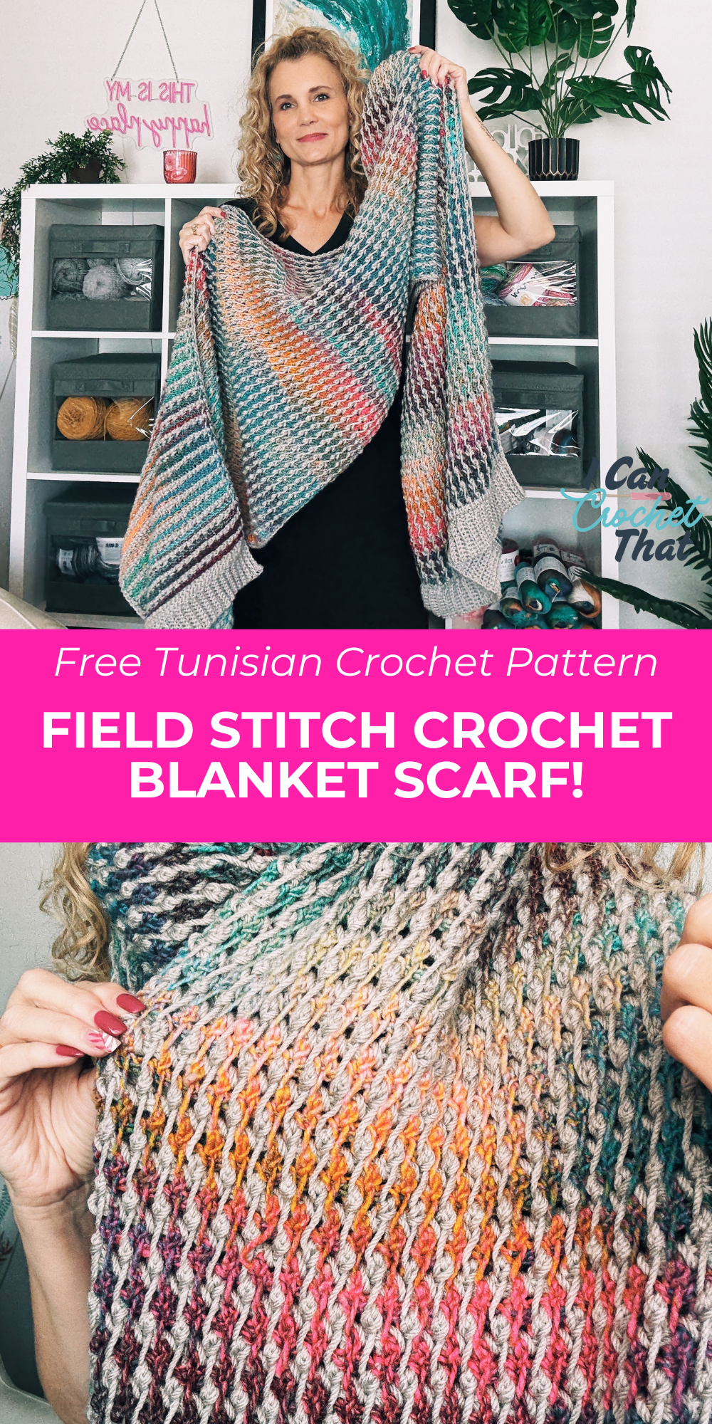 Tunisian crochet field stitch blanket scarf draped over a chair, highlighting its ribbed border and woven texture.