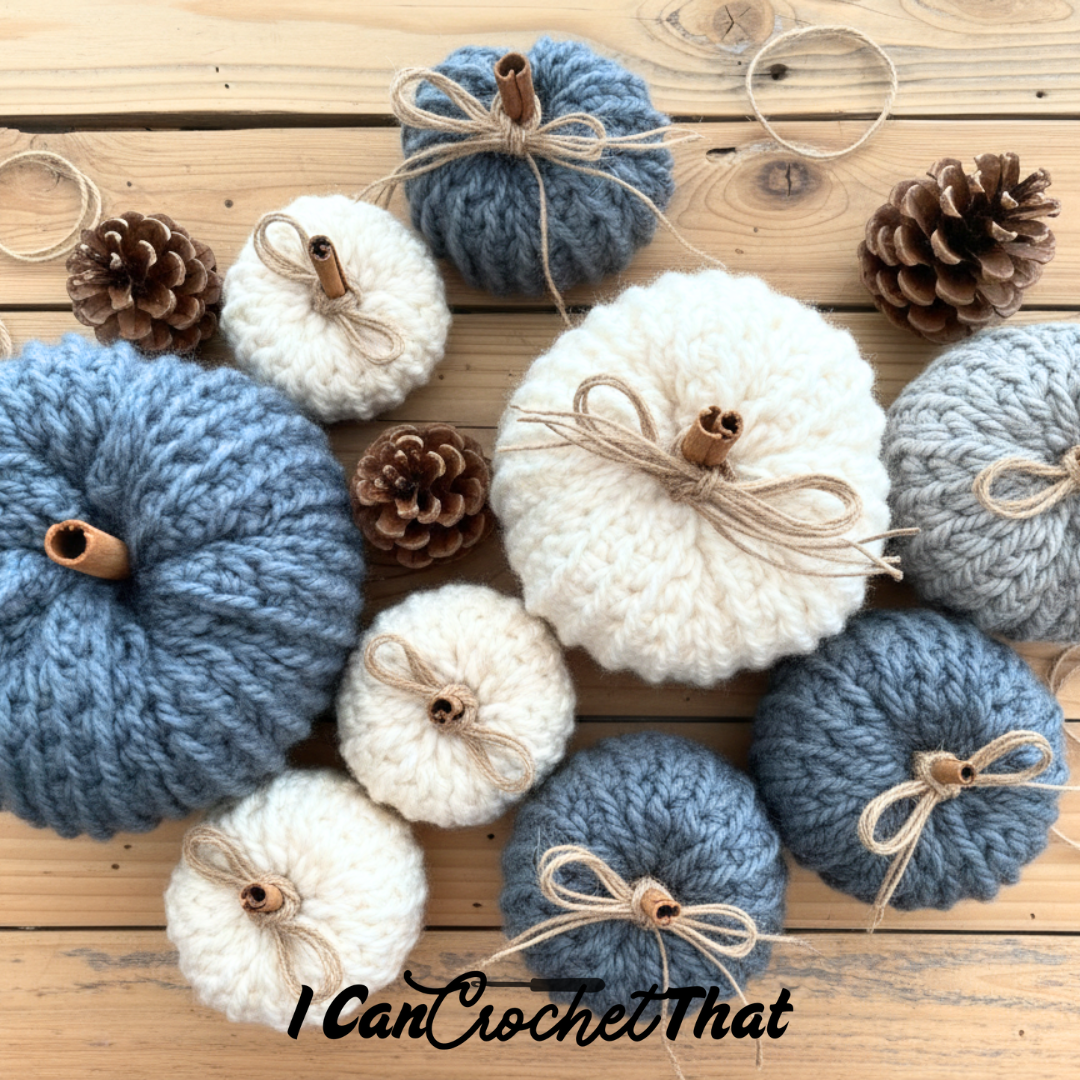 Assorted blue and white crocheted pumpkins with cinnamon stick stems and twine bows, arranged on a wooden surface with pinecones.