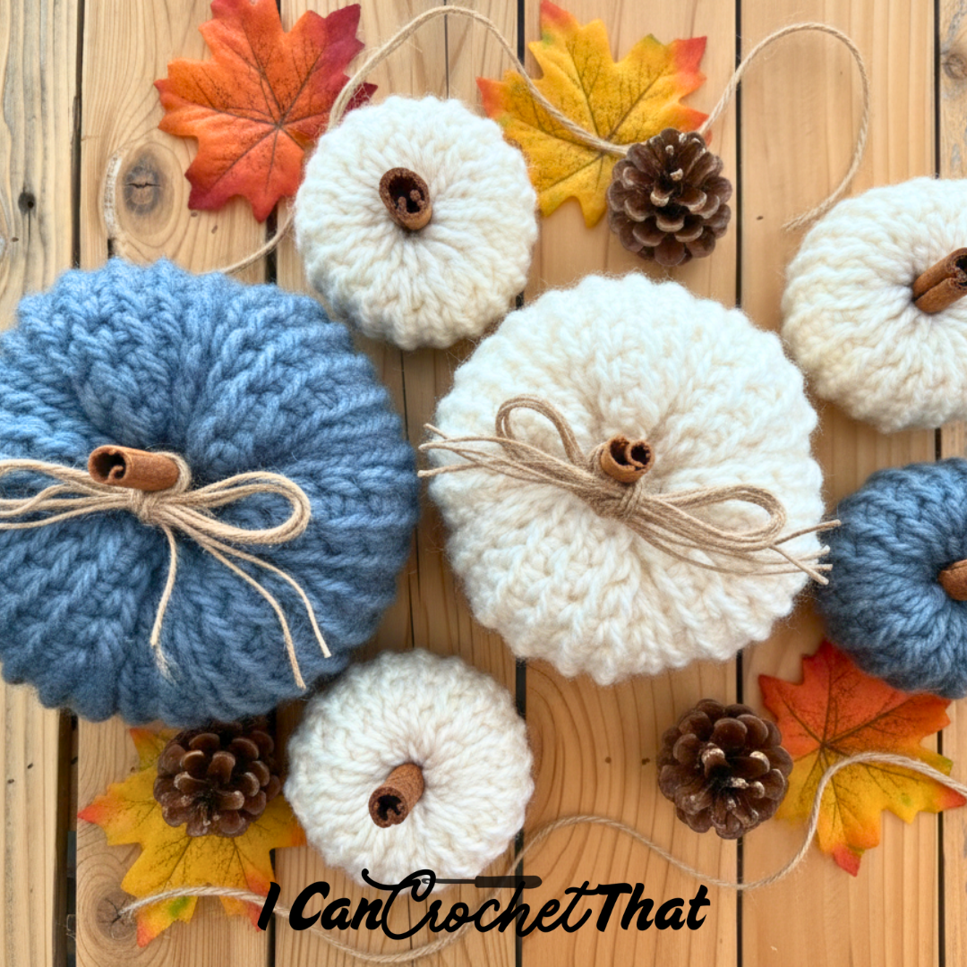 Yarn pumpkins in blue and cream, decorated with cinnamon sticks and twine bows, are arranged on a wooden surface with pinecones and artificial autumn leaves.
