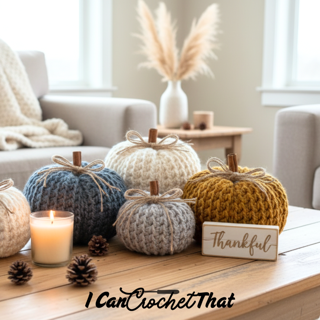 A group of Tunisian crochet pumpkins in various colors sits on a wooden table with a candle, pinecones, and a Thankful sign in a cozy living room—perfect inspiration for your next free pattern.