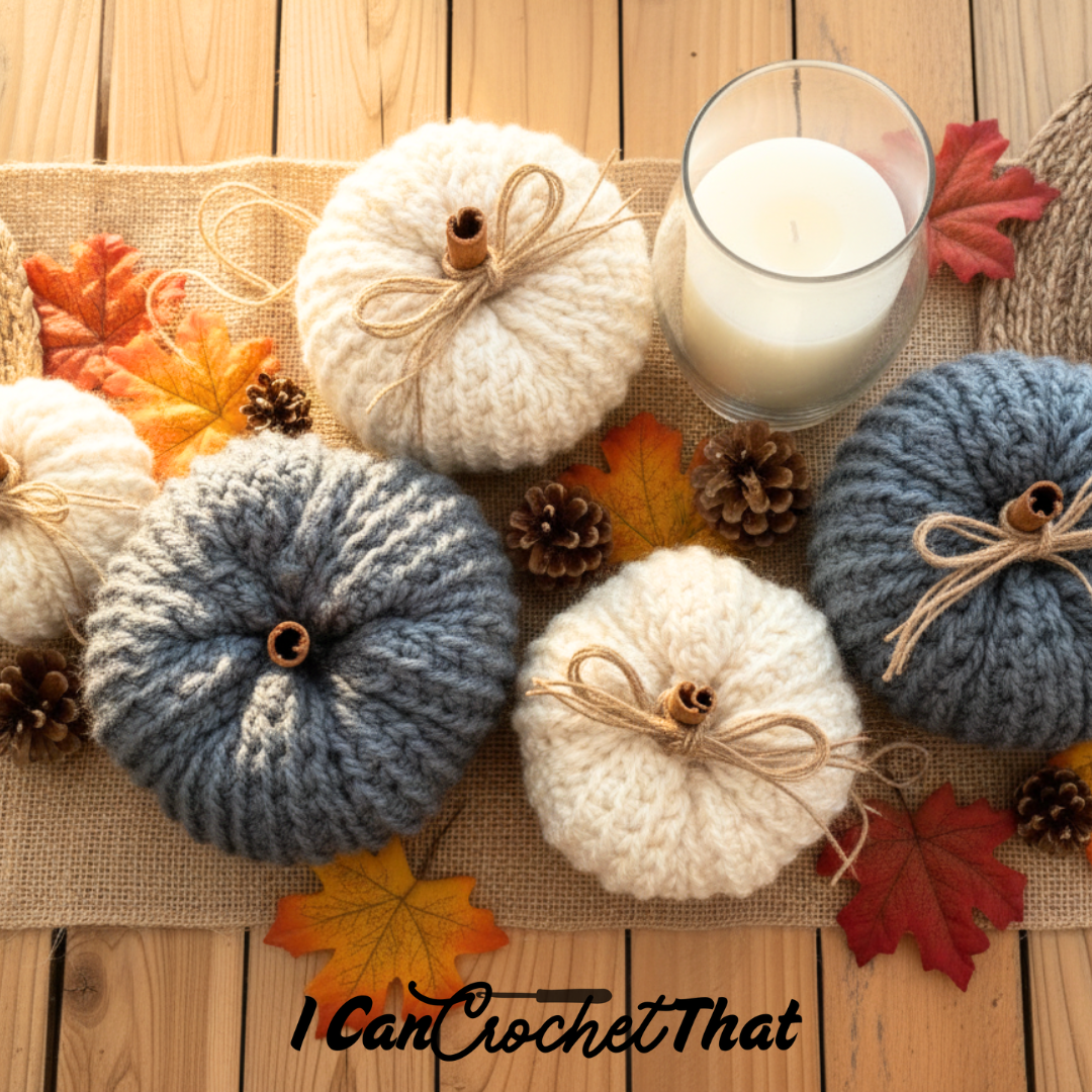 Crocheted pumpkins in cream and gray, pinecones, autumn leaves, and a lit candle arranged on a burlap mat atop a wooden surface.