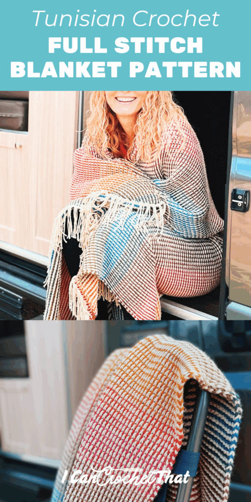 A person sitting in a van doorway, wrapped in a colorful Tunisian crochet blanket with fringe; close-up of the blanket on a seat below. Text reads: Tunisian Crochet Full Stitch Blanket Pattern.