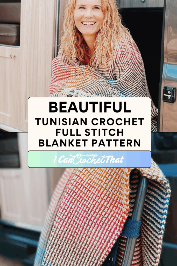 Smiling woman wrapped in a striped tunisian crochet blanket stands at the entrance of a camper van, with text promoting a crochet blanket pattern.