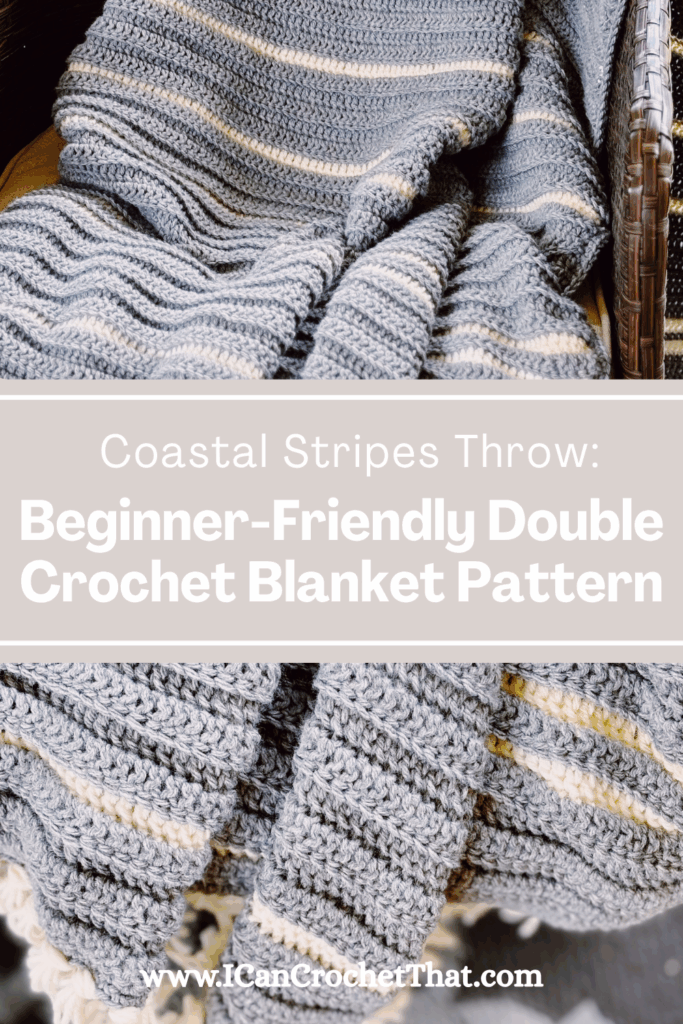 A gray and white striped crocheted blanket draped over a chair, with text overlay promoting a beginner-friendly double crochet blanket pattern.