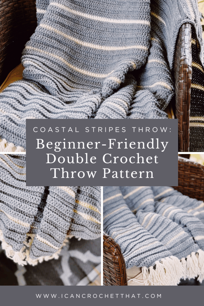 A striped crochet throw blanket draped over a wicker chair, featuring a Beginner-Friendly Double Crochet Throw Pattern text overlay.