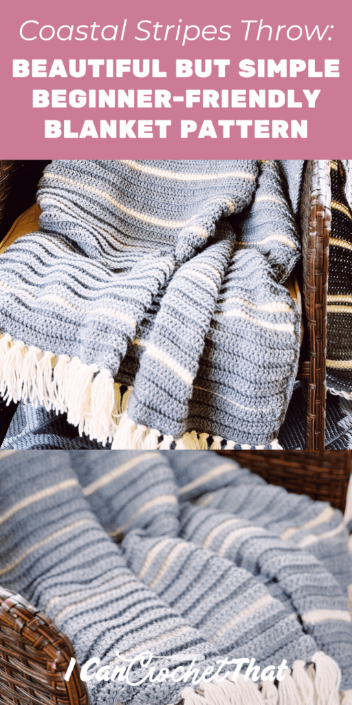 Two blue and white striped crocheted blankets are draped over woven chairs, highlighting a simple, textured design suitable for beginners.