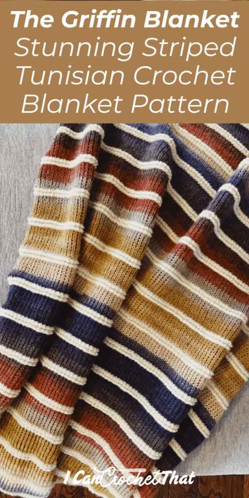 A striped crochet blanket with alternating colors of cream, brown, rust, and navy blue, displayed on a textured surface. Text overlay promotes a Tunisian crochet blanket pattern.