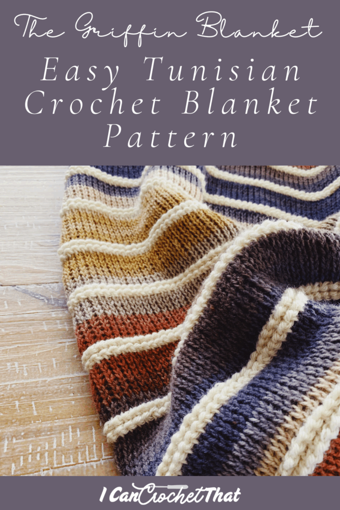 A striped Tunisian crochet blanket in shades of beige, brown, rust, and navy lies folded on a wooden surface, with text promoting an easy crochet blanket pattern.