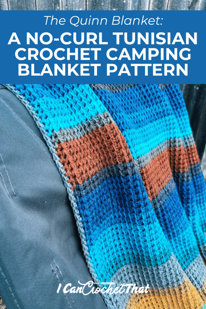 A blue, teal, brown, and gray striped crochet blanket draped over a surface, with text describing it as a no-curl Tunisian crochet camping blanket pattern.
