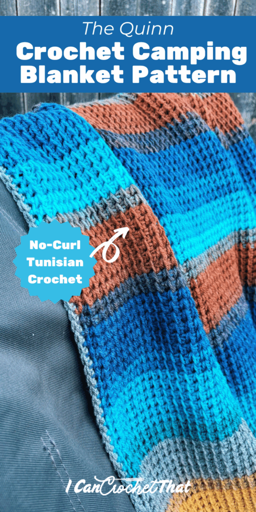 A multicolored crochet camping blanket with blue, brown, and teal stripes is draped over a gray surface. Text overlays promote The Quinn Crochet Camping Blanket Pattern.